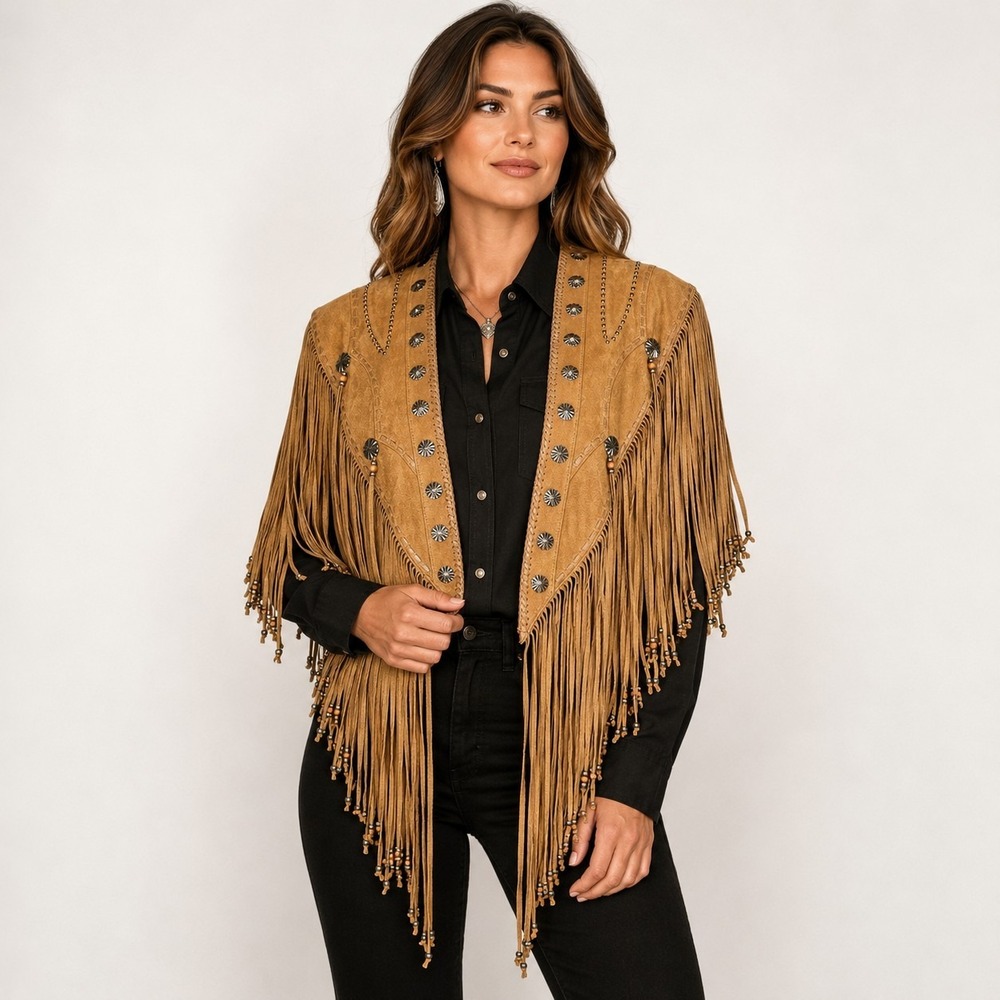 Cripple Creek Leather Fringe Shawl Cape Western Conchos Studs Beads Festival 90s